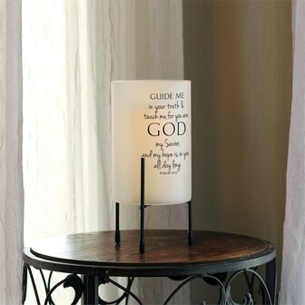 Hurricane style glass candle stand guide me in your truth &amp; teach me