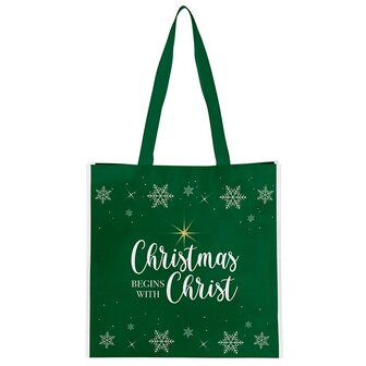 Christmas tote bag green Christmas begins with Christ