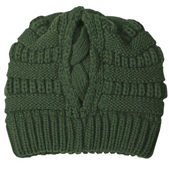 Womens ponytail beanie Thankful green