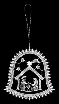 Kantklos ornament bel met kerststal
