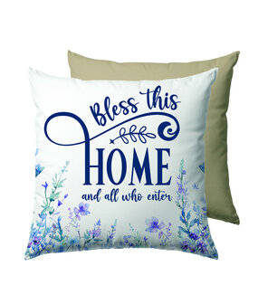 Kussenhoes Bless this Home wit/blauw