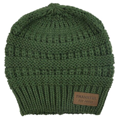 Womens ponytail beanie Thankful green