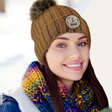 Womens Beanie with pom pom pumpkin Bee kind