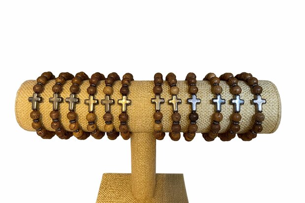Display houten armbanden (15) hematiet kruis 