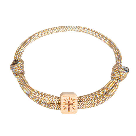 Textielarmband met houtelement met kruis