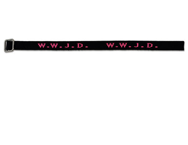 Armband geweven WWJD zwart/neon pink