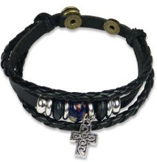 Bracelet leather cross/beads black