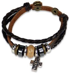 Armband leer Kruis en kralen bruin