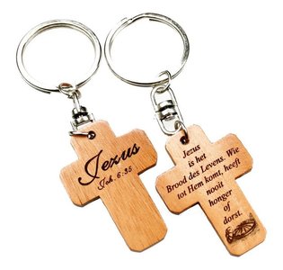 Keyring wooden cross Jezus is het brood