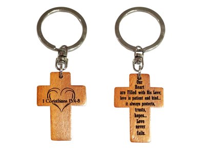 Keyring wooden cross 1 Cor 13:4-8