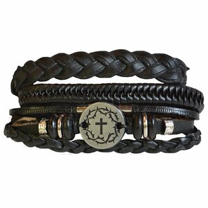 Armband leer kroon/kruis (set 3)