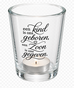 Theelicht glaasje klein Een Kind is ons geboren