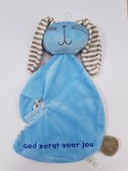 Schmusetuch Kaninchen blau God zorgt voor jou gestickt