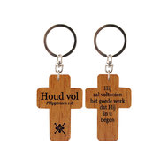 Sleutelhanger kruis hout Houd vol Fil 1:6