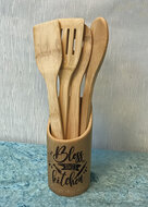 Utensil holder bamboo with spoons Bless this kitchen