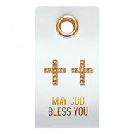 Oorbellen cross rhinestones leren tag